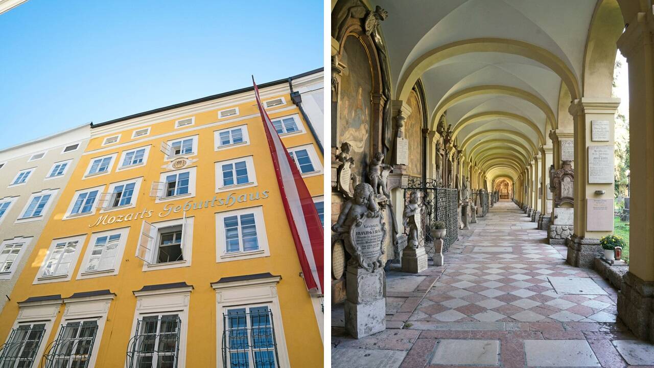Links: Das Haus, in dem Wolfgang Amadeus Mozart auf die Welt kam, liegt mitten in der Getreidegasse. Rechts: Der Sebastiansfriedhof bietet die Möglichkeit, dem Trubel der Stadt für eine Weile zu entfliehen. 