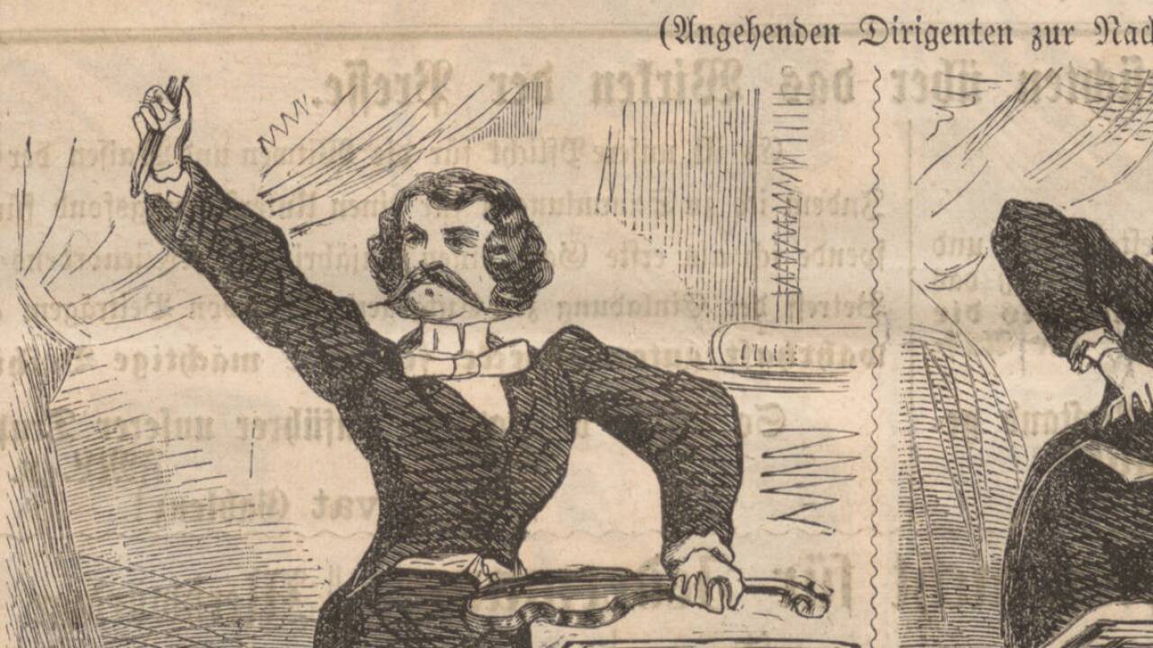 „Die drei Lieblingsstellungen des Kapellmeisters Joh. Strauß“: Die Karikatur im Satireblatt „Kikeriki“ vom 25.2.1864 ist im Theatermuseum zu sehen. 