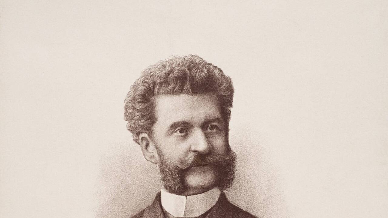 Johann Strauss mit faksimiliertem Namenszug und Notenautograf 