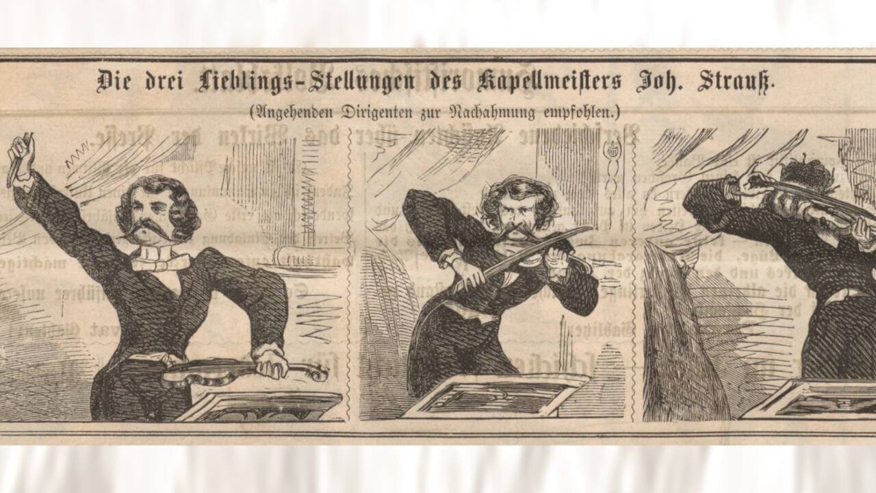 „Die drei Lieblingsstellungen des Kapellmeisters Joh. Strauß“: Die Karikatur im Satireblatt „Kikeriki“ vom 25.2.1864 ist im Theatermuseum zu sehen. 
