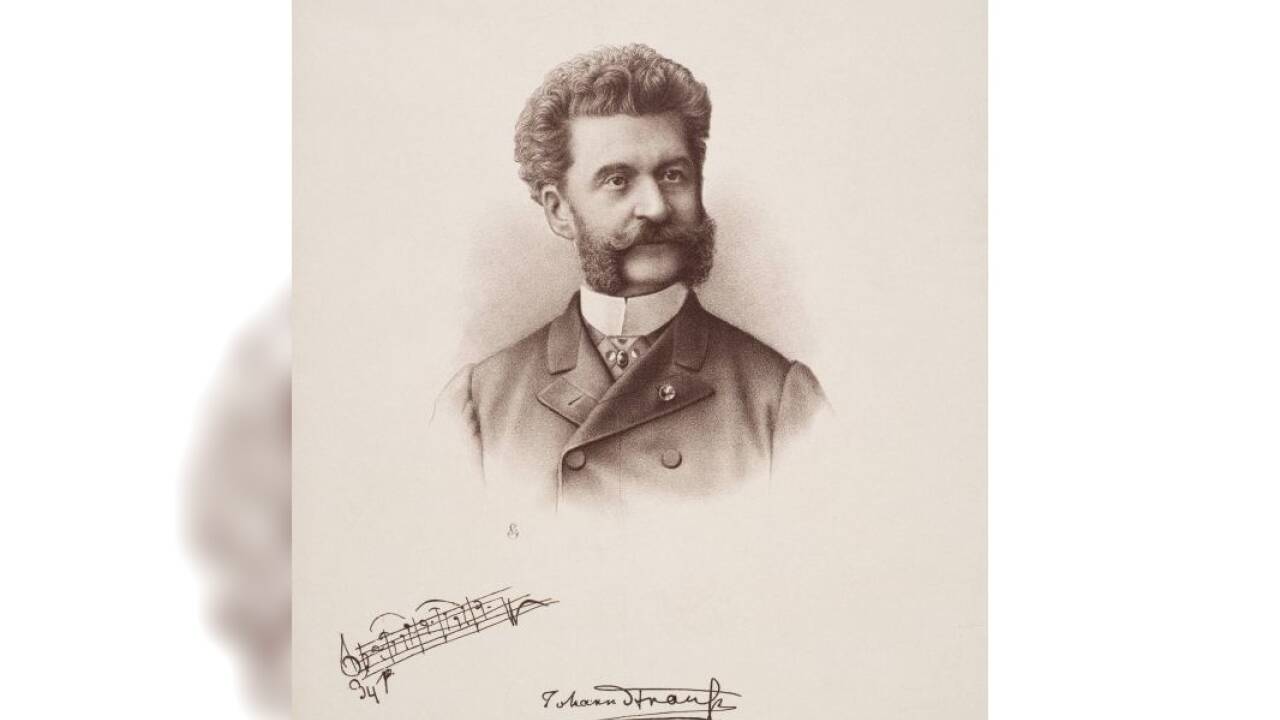 Johann Strauss mit faksimiliertem Namenszug und Notenautograf 