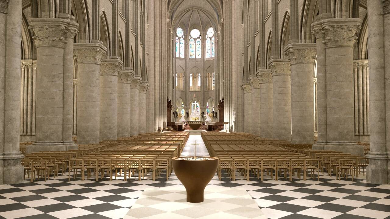 Blick durch das Hauptschiff vom Taufbecken zum Altarraum.   Blick durch das Hauptschiff vom Taufbecken zum Altarraum.