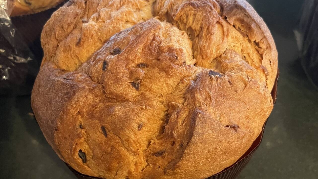 Der Panettone „blaue Sünde“ von außen betrachtet.  Der Panettone „blaue Sünde“ von außen betrachtet.