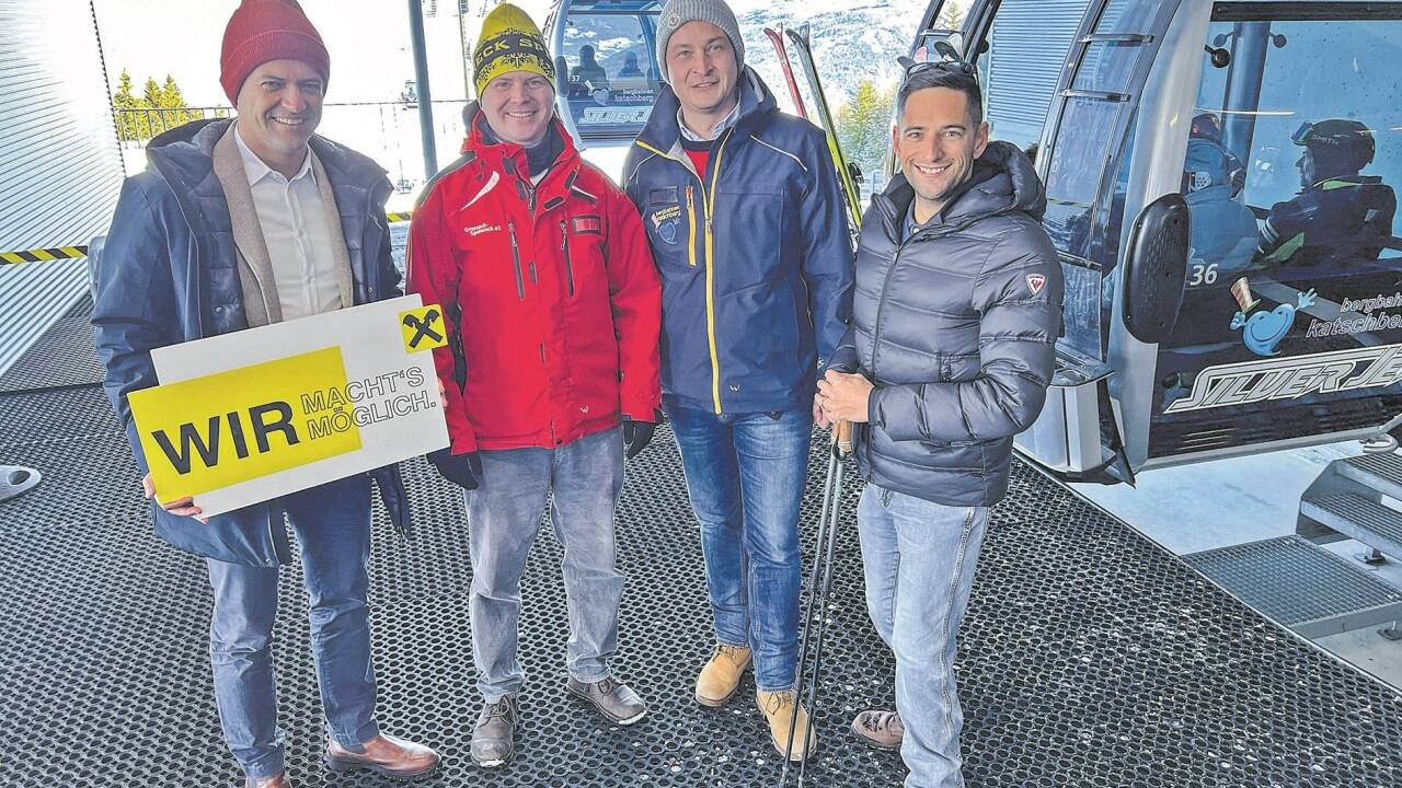 Im Bild von links: Bernhard Perner (Raiffeisenbank Lungau), Philipp Steinlechner (GF Bergbahnen Lungau), Josef Bogensperger (GF Katschbergbahnen) und Josef Lüftenegger (Obmann der Energiegemeinschaft Lungau).  