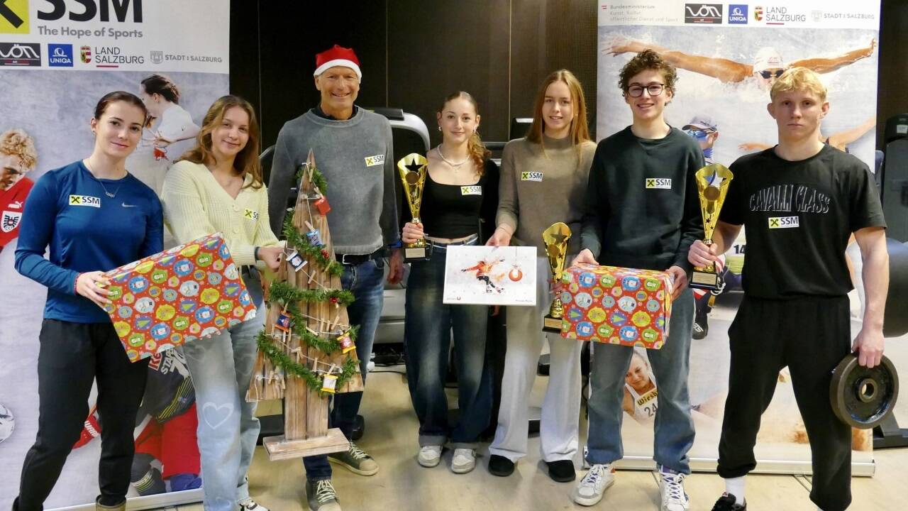 Lara-Joy Lußnig (Leichtathletik), Flora Schaller (Eiskunstlauf), Thomas Wörz, Anika Deubler (Klettern), Katharina Schiessendoppler (Schwimmen), Gregor Mack (Fechten), Kristian Cikel (Ringen, von links). 