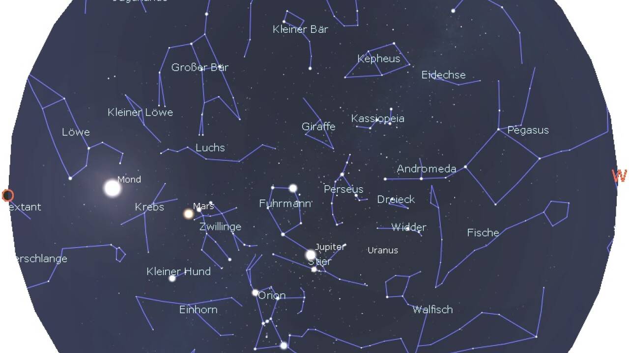 Die mit Stellarium erstellte Grafik zeigt den Himmel über Salzburg am 15. Jänner 2025 um 21 Uhr.  