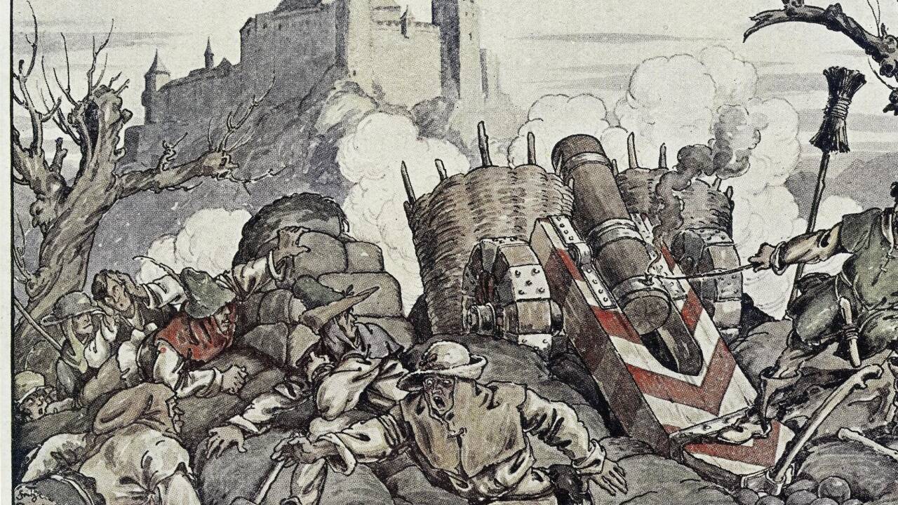 Festung Hohensalzburg, Bauernbelagerung während der Regentschaft von Fürsterzbischof Matthäus Lang, 1923, Druck nach Gouache von Fritz Dürnberger (1892–1926).  