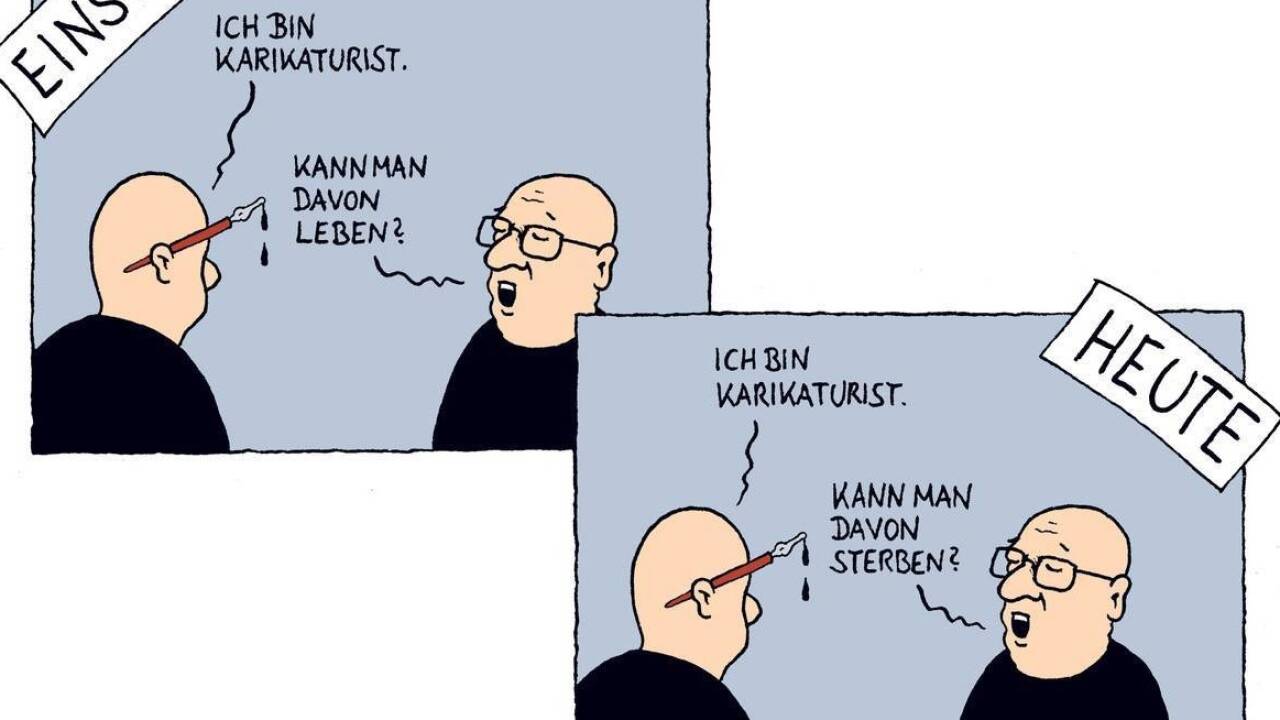 „Karikaturisten einst und jetzt“, gezeichnet vom Österreicher Daniel Jokesch. 