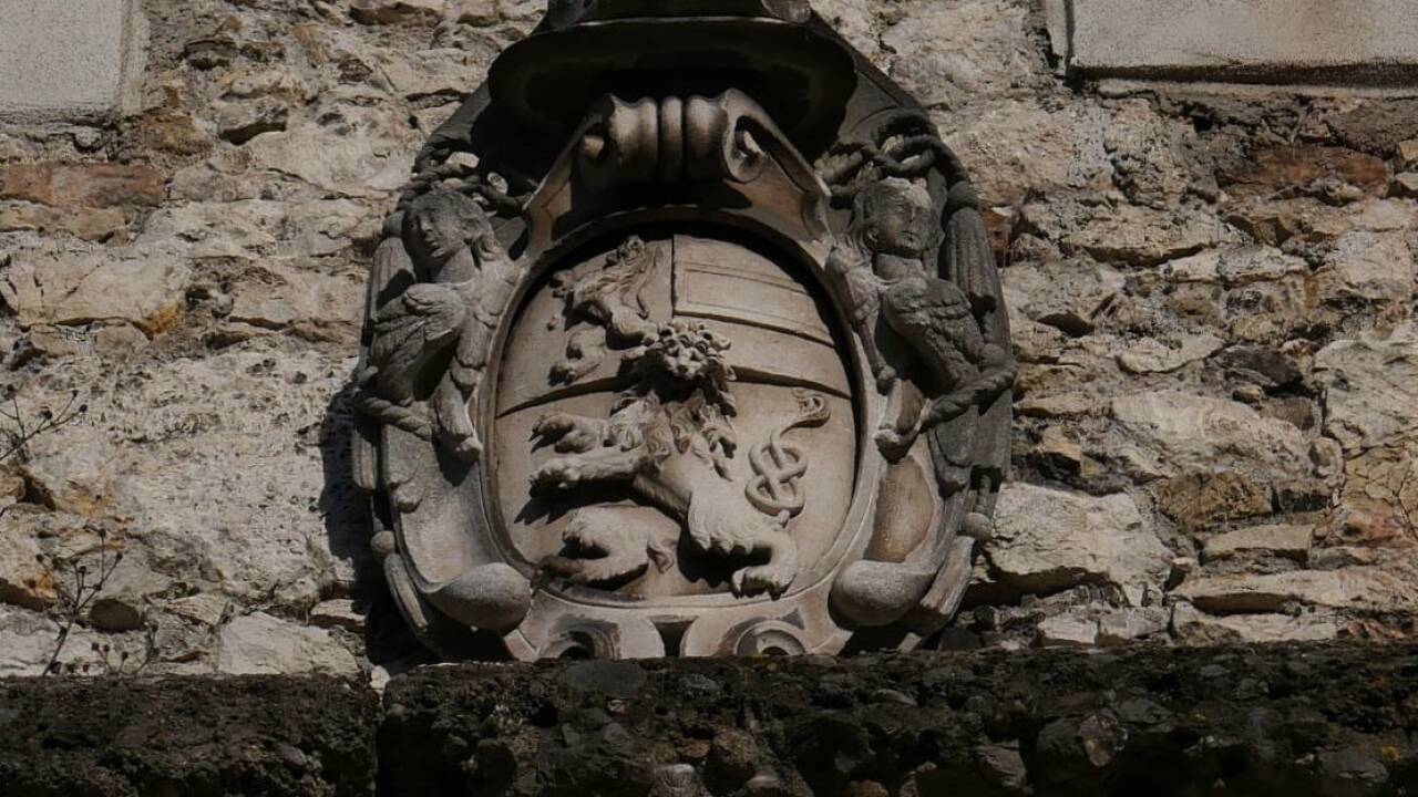 Das Wappen mit dem Löwen mit dem „Brezelschweif“.  