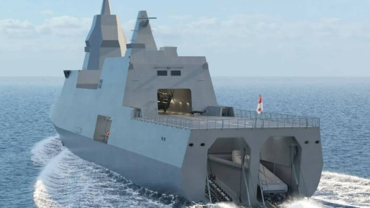 Ein Rendering zeigt, wie das Militärschiff über das Palfinger-System Boote auf See aussetzen und einholen kann.   Ein Rendering zeigt, wie das Militärschiff über das Palfinger-System Boote auf See aussetzen und einholen kann.