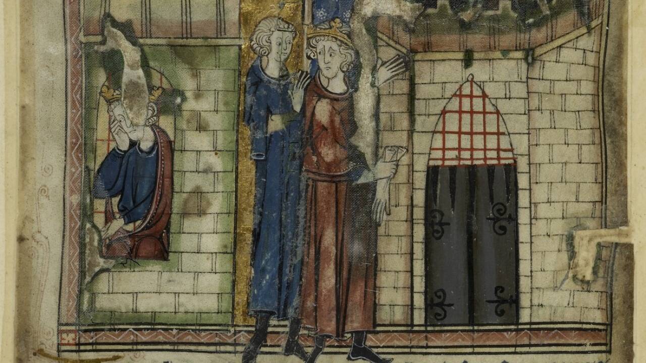Darstellung der Gefangenschaft und des Todes Richards I. Löwenherz in den Effigies ad Regem Angliae, entstanden ca. 1280–1300, The British Library. 