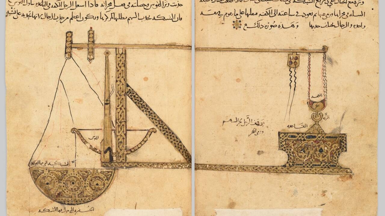 Traktat über die Waffenkunde, angefertigt für die Bibliothek Saladins, Ägypten oder Syrien, 12. Jahrhundert. Oxford, Bodleian Libraries, MS. Huntington 264, fol. 134b, 135a. 
