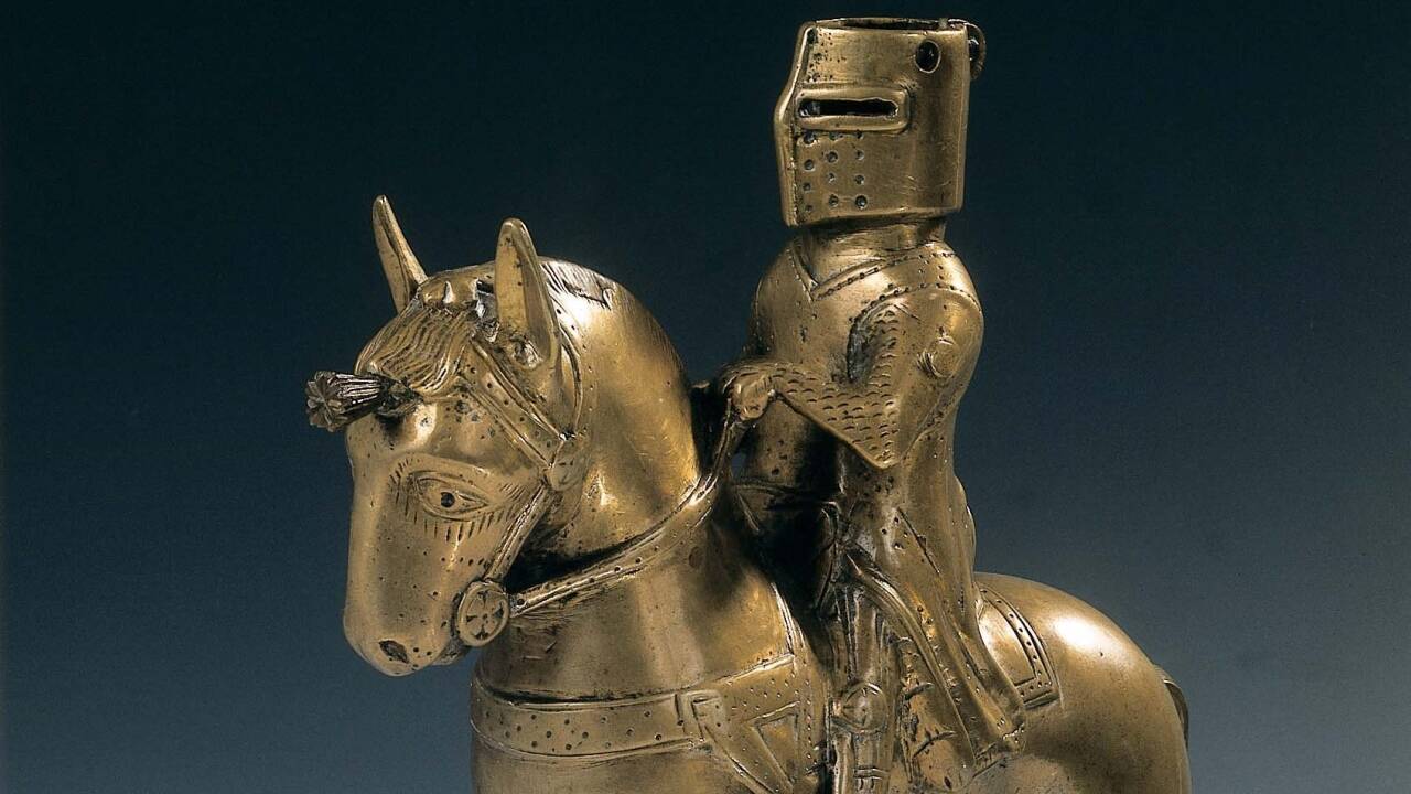 Ritteraquamanile, Bronze, gegossen und ziseliert, H. 27,7 cm, L. 23 cm. Niedersachsen, 13. Jahrhundert. Kopenhagen, The National Museum of Denmark. 