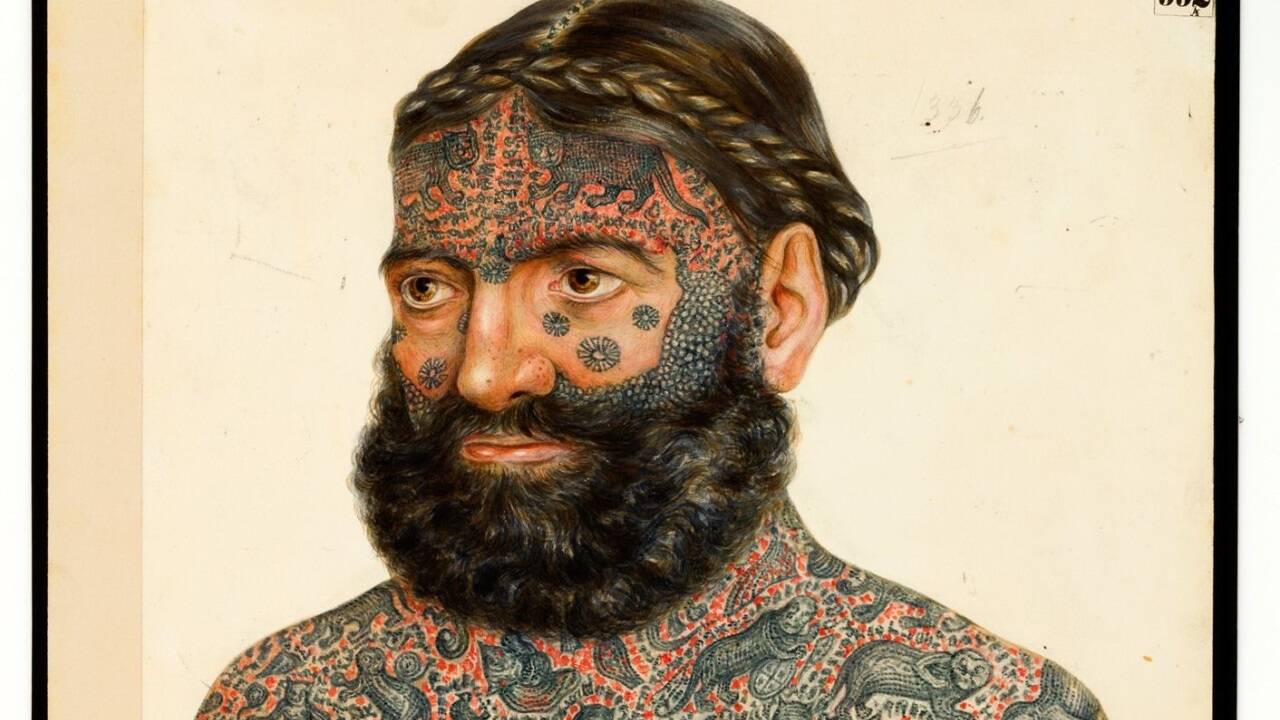Captain George Constentenus mit Tätowierungen, Karl Heinzmann, Wien 1871. Captain George Constentenus mit Tätowierungen, Karl Heinzmann, Wien 1871.
