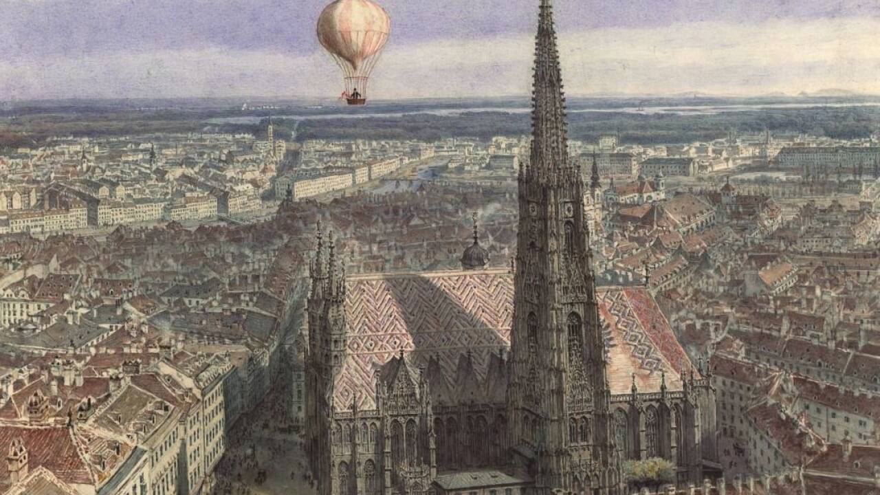 Jakob Alt, Ballonfahrt über Wien (Blick auf Wien von Südwesten mit einem Ballon über der Stadt), 1847 © Wien Museum, Foto: Wien Museum. 