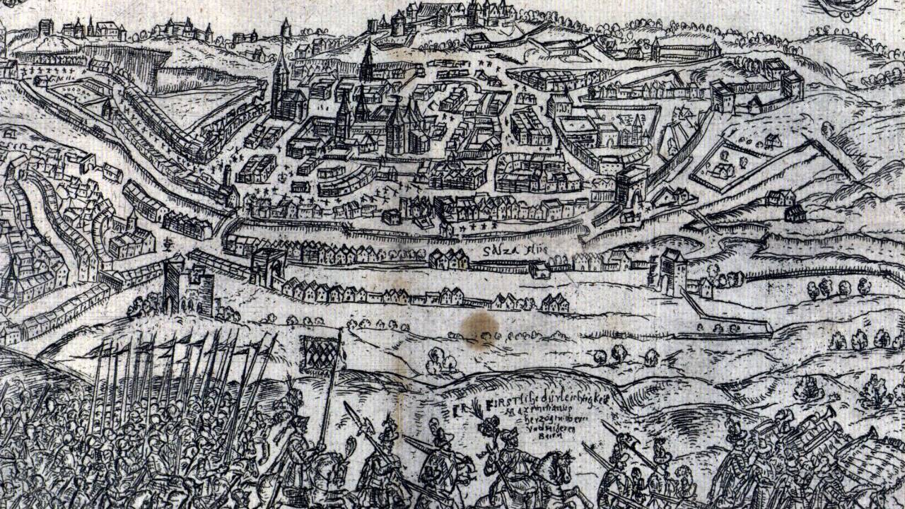 Die Radierung zeigt die „Hauptstat Saltzburg eingenumen vom Bairfirsten“, 1611. 