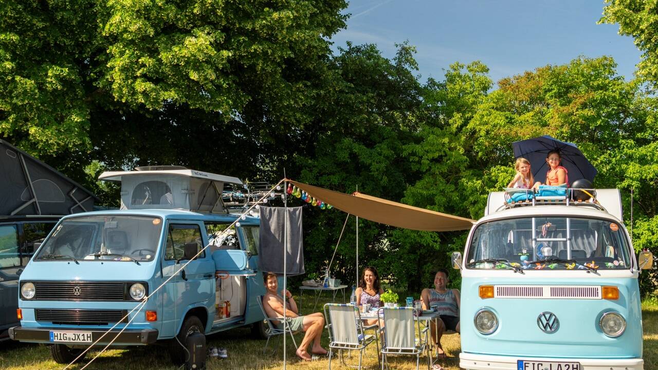 Wochenende und Sonnenschein beim Bulli-Treffen von anno dazumal: Links ein VW T3 California, rechts ein T2.  
