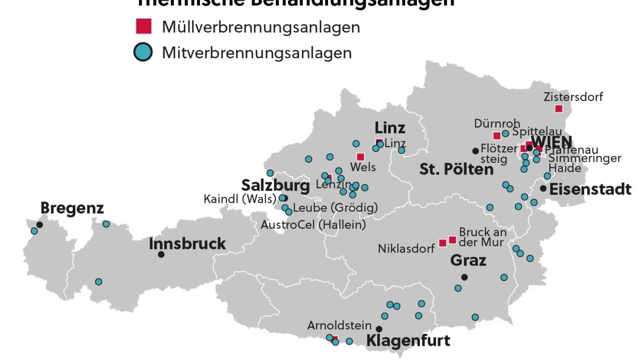 Die meisten der zwölf reinen Müllverbrennungsanlagen befinden sich im Osten Österreichs.  