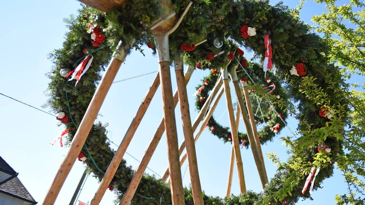 Die Kranzl auf den Maibäumen sind das Ziel der Kraxler. Der Weg dorthin ist für Matthias Mache aus Salzburg oft schmerzhaft. 