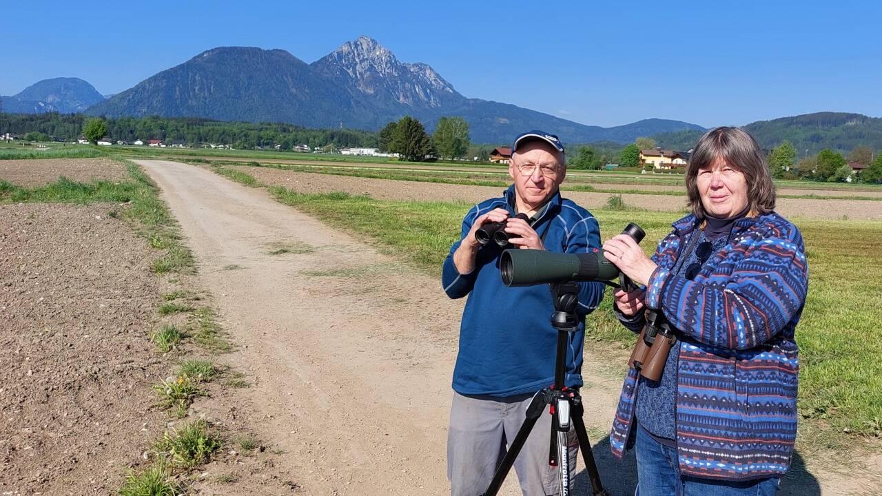 Die Vogelbeobachter Walter Fuchs und Hemma Gressel, hier auf den Goiser Wiesen, berichten von massiven Rückgängen bei Wiesenbrütern.  