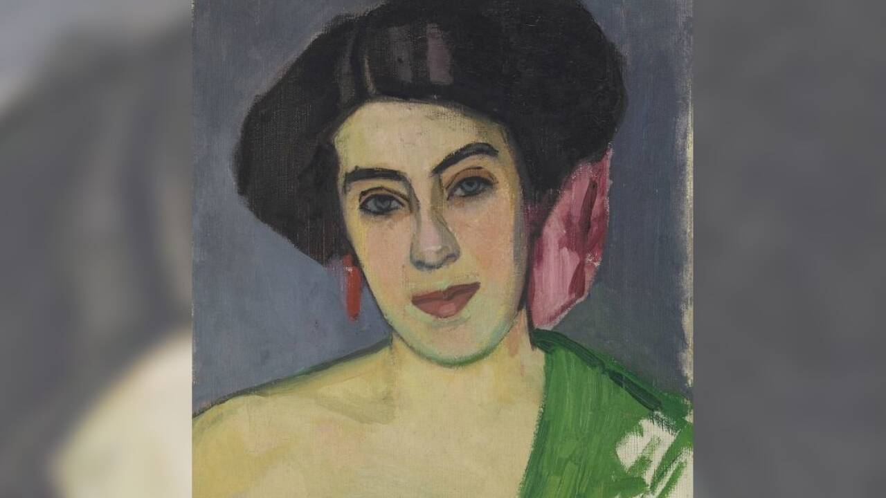 Olga Meerson, Selbstbildnis mit grüner Schärpe, um 1905, Öl auf Leinwand, Privatsammlung.  