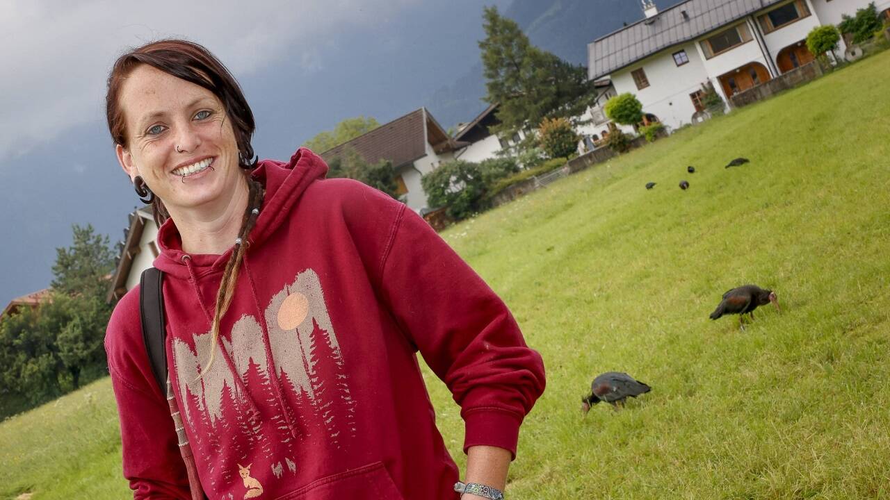 Corinna Esterer auf den Wiesen beim Georgenberg in Kuchl. Im Hintergrund die nach Futter suchenden Waldrappe. 