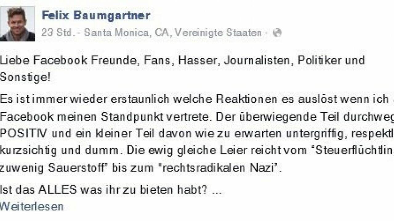 Felix Baumgartner wird politisch und springt in den Shitstorm