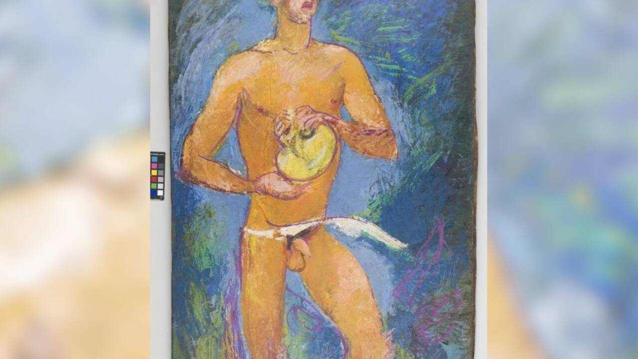 Anton Kolig, A. Hitler (Adolf Hitler als Kegelscheiber), Öl auf Leinwand auf Holz, 1948  Anton Kolig, A. Hitler (Adolf Hitler als Kegelscheiber), Öl auf Leinwand auf Holz, 1948