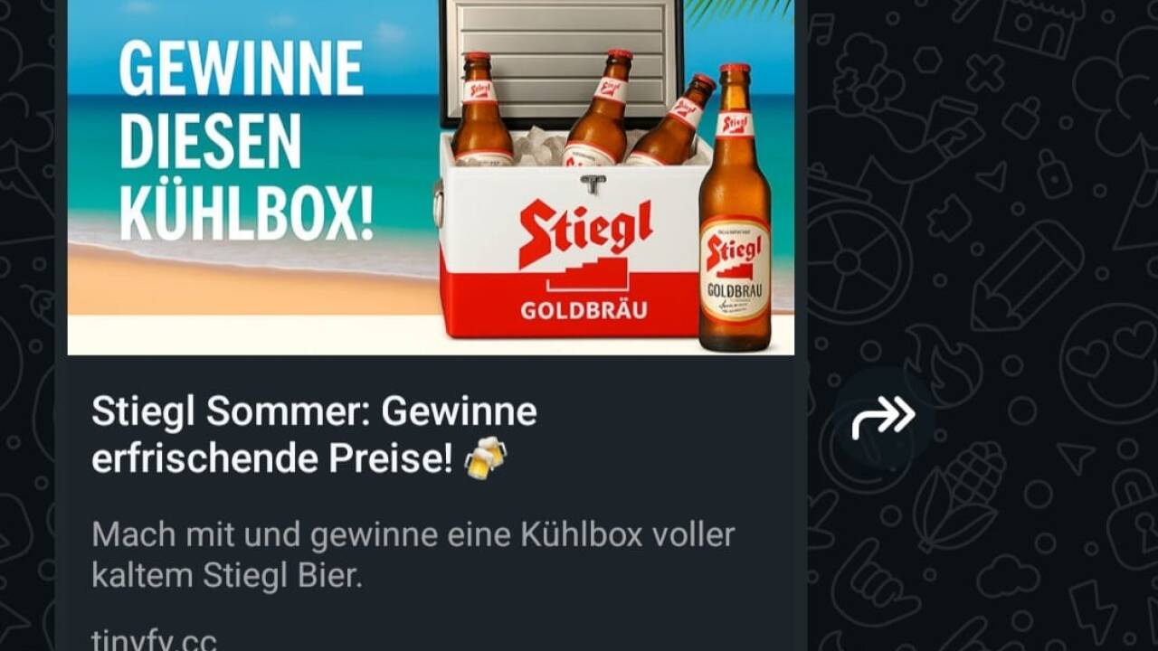 Um Preise gewinnen zu können, wurden die Empfänger aufgefordert, den Link auf WhatsApp weiterzuleiten. Bild: Screenshot Um Preise gewinnen zu können, wurden die Empfänger aufgefordert, den Link auf WhatsApp weiterzuleiten. Bild: Screenshot