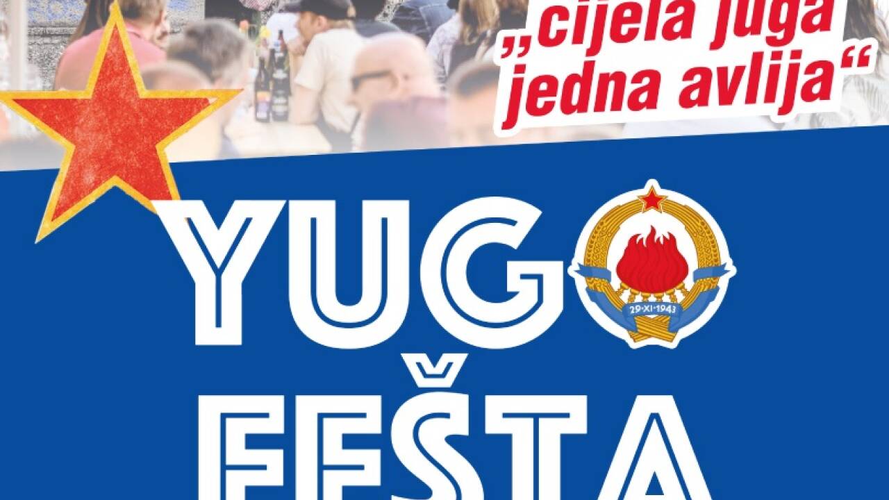 „Ganz Jugoslawien ein Innenhof“: Mit Rotem Stern und Jugoslawischem Staatswappen bewirbt die Salzburger KPÖ eine Veranstaltung. 