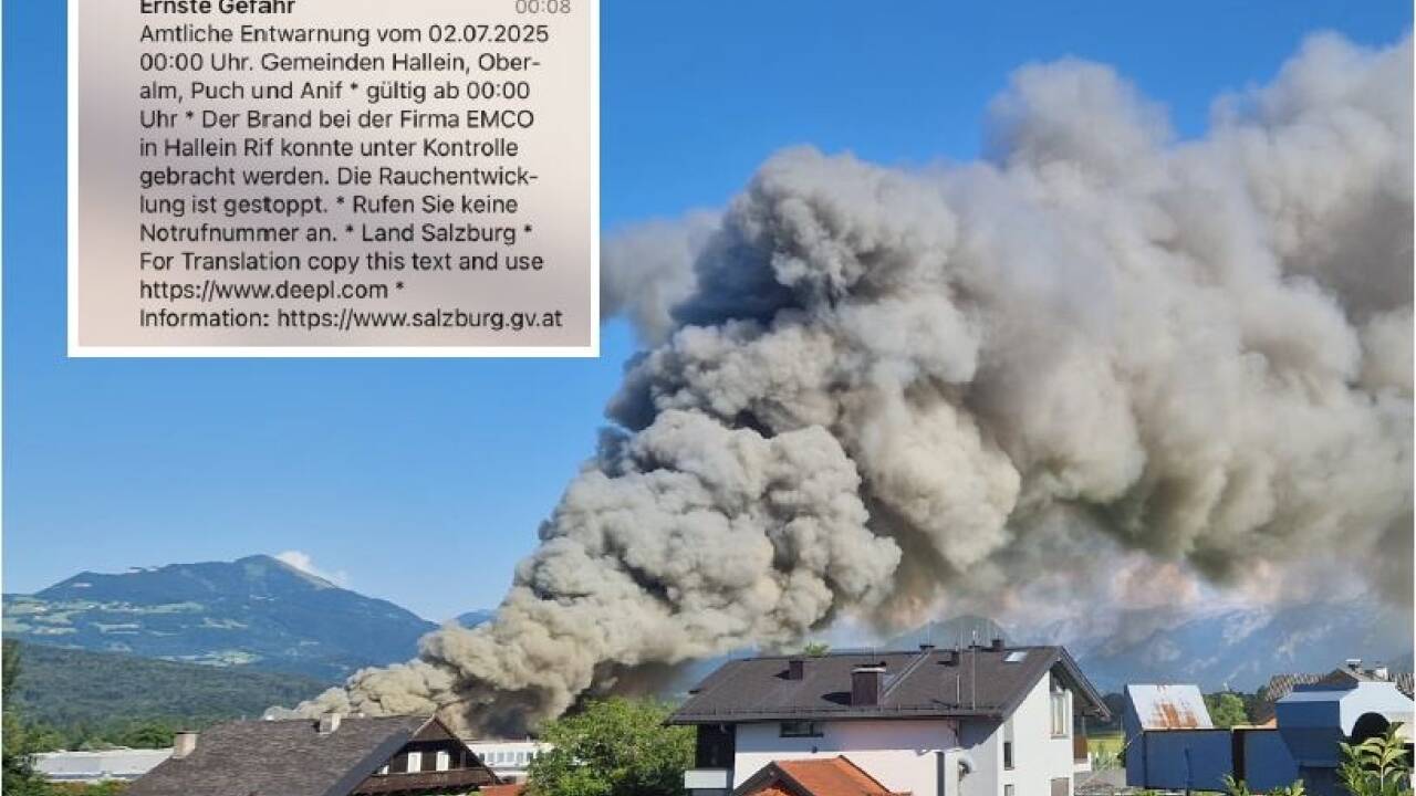 Um 18.10 Uhr wurde in Hallein und den umliegenden Gemeinden ein AT-Alert versendet.Um Mitternacht gab es die Entwarnung. 
