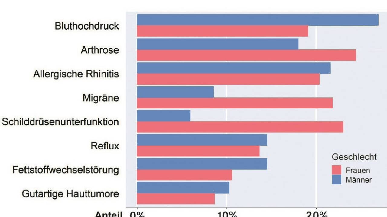 Das sind die acht häufigsten Erkrankungen der Salzburgerinnen und Salzburger – laut der P10-Studie. Dabei zeigen sich teils starke geschlechtsspezifische Unterschiede.  
