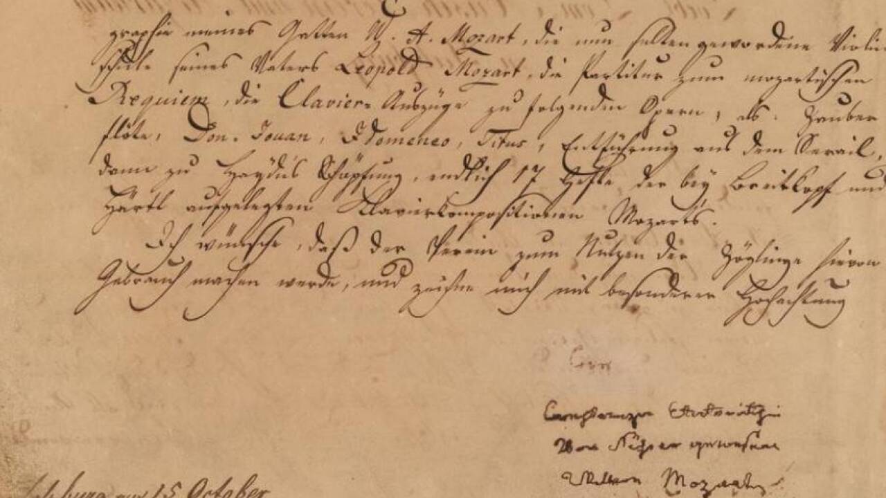 Unterschrift von Constanze Nissen unter dem Widmungsbrief ihrer Schenkung des Kyrie Es-Dur KV 322: „Constanza Etatsräthin von Nissen gewesene Wittwe Mozarts“.  