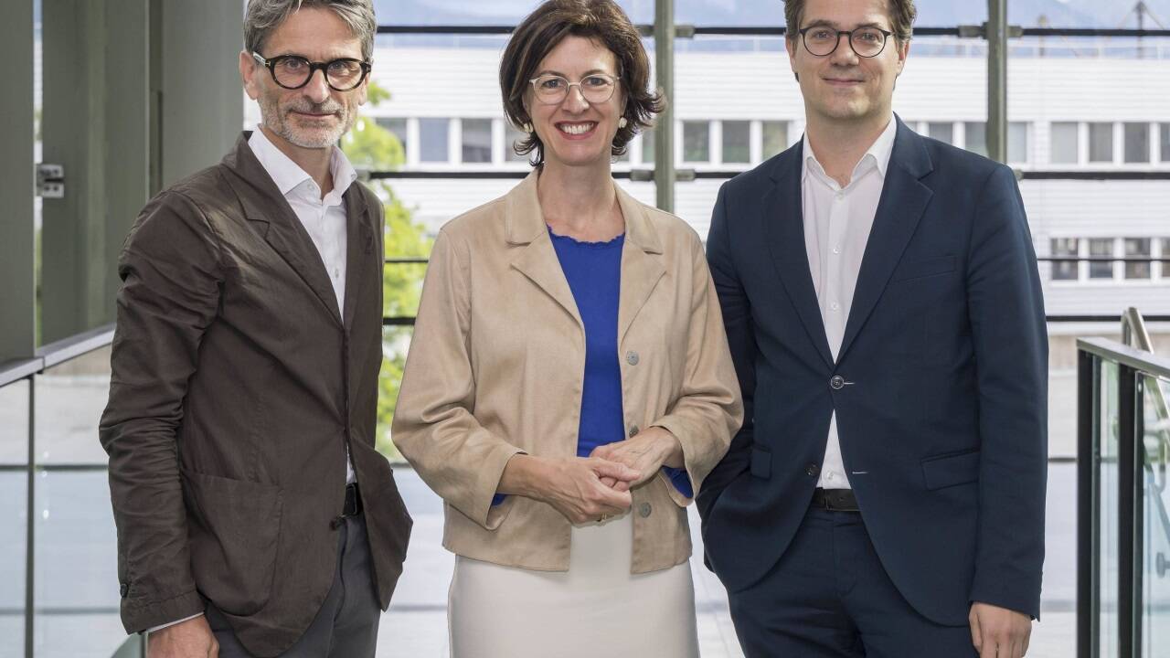 Auf dem Podium im SN-Saal: Martin Hochleitner (Salzburg Museum), Andrea Stockhammer (Domquartier), Lukas Crepaz (Salzburger Festspiele). 