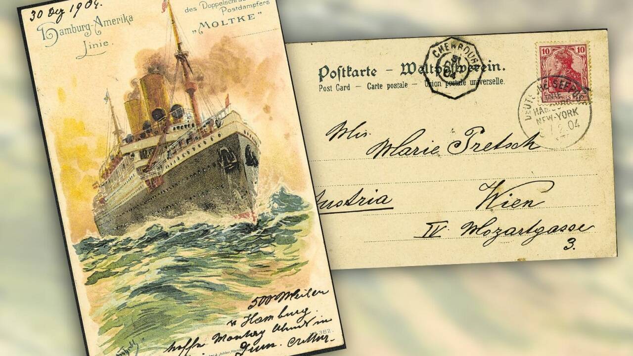 Vorfreude auf das Wiedersehen: Postkarte aus dem Jahr 1904 vom Atlantikdampfer an Marie Tretsch in der Wiener Mozartgasse. 
