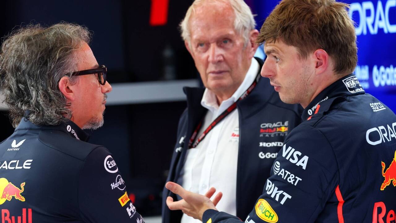 Von links: Laurent Mekies, Helmut Marko und Max Verstappen. 