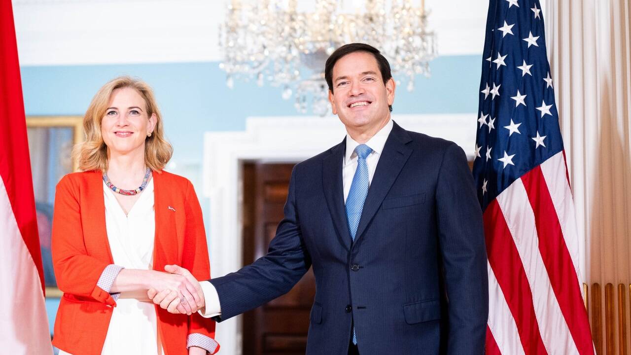 Außenministerin Beate Meinl-Reisinger mit ihrem US-Amtskollegen Marco Rubio in Washington. 