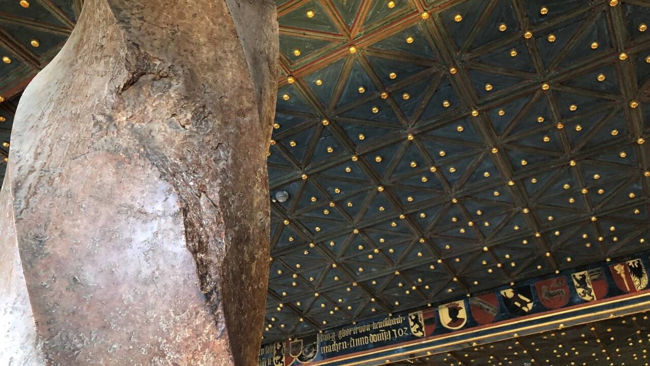 Säule aus Adneter Marmor im Hohen Stock der Festung mit dem Einschlagloch der Kanonenkugel aus 1525. Säule aus Adneter Marmor im Hohen Stock der Festung mit dem Einschlagloch der Kanonenkugel aus 1525.