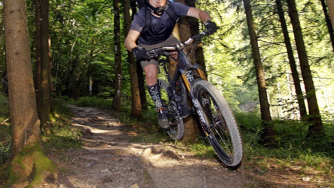 Der ASKÖ-Trail auf dem Heuberg in Koppl ist derzeit der einzige im Zentralraum. Er wurde mit möglichst wenig Eingriffen in die Landschaft gebaut und ist daher nur für sehr geübte Fahrer geeignet – im Bild Teilnehmer des Afterworkrides des Vereins Mountainbike Salzburg. Der ASKÖ-Trail auf dem Heuberg in Koppl ist derzeit der einzige im Zentralraum. Er wurde mit möglichst wenig Eingriffen in die Landschaft gebaut und ist daher nur für sehr geübte Fahrer geeignet – im Bild Teilnehmer des Afterworkrides des Vereins Mountainbike Salzburg.