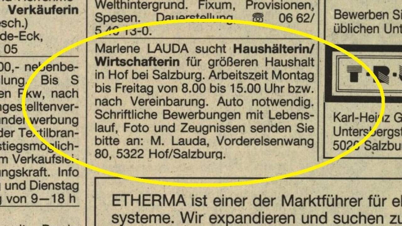 1989 suchte Marlene Lauda per SN-Inserat eine Haushälterin für das Anwesen in Hof.  