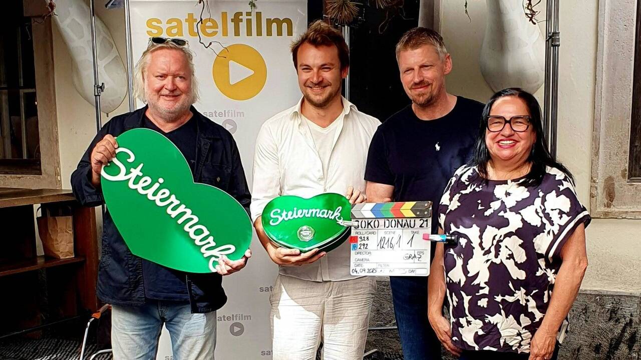 Die Schauspieler Gregor Seberg, Max Fischnaller, Martin Gruber und Maria Happel, am Donnerstag in Graz.  