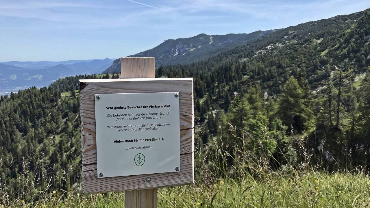 Bin Blick vom Naturfriedhof von pax natura auf der Vierkaseralm Richtung Untersberg. 