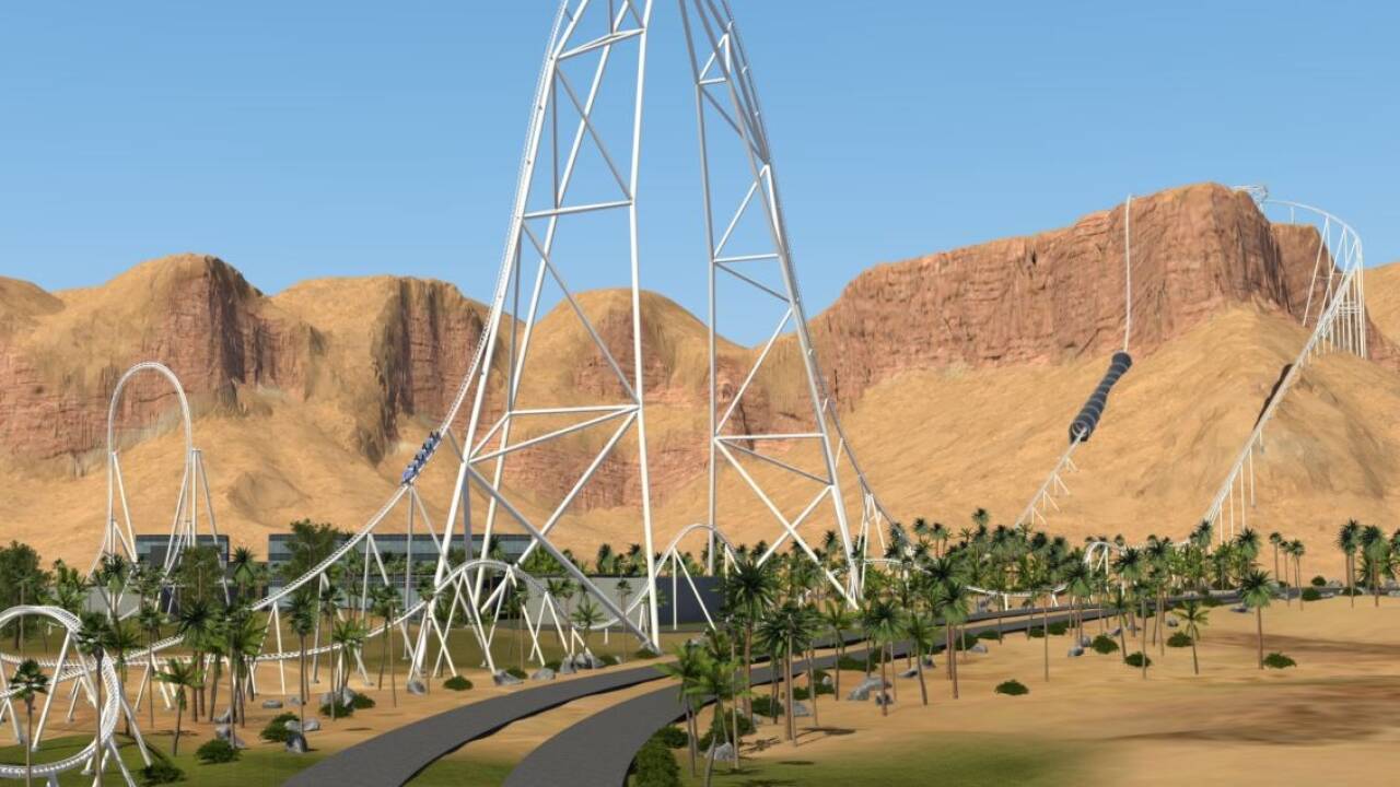 Noch im Bau, aber rekordverdächtig: Die Achterbahn Falcon’s Flight im saudi-arabischen Six-Flags-Qiddiya-City-Freizeitpark. 