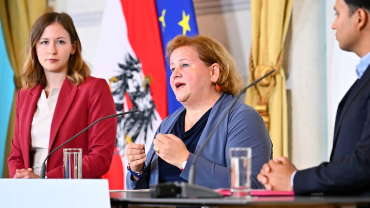 Die Ministerinnen Plakolm und Schumann mit NEOS-Klubchef Shetty 