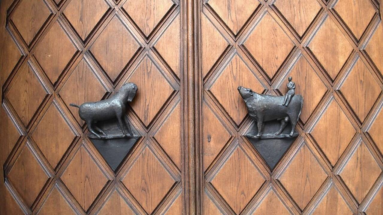 Pferd und Stier stehen einander gegenüber.  