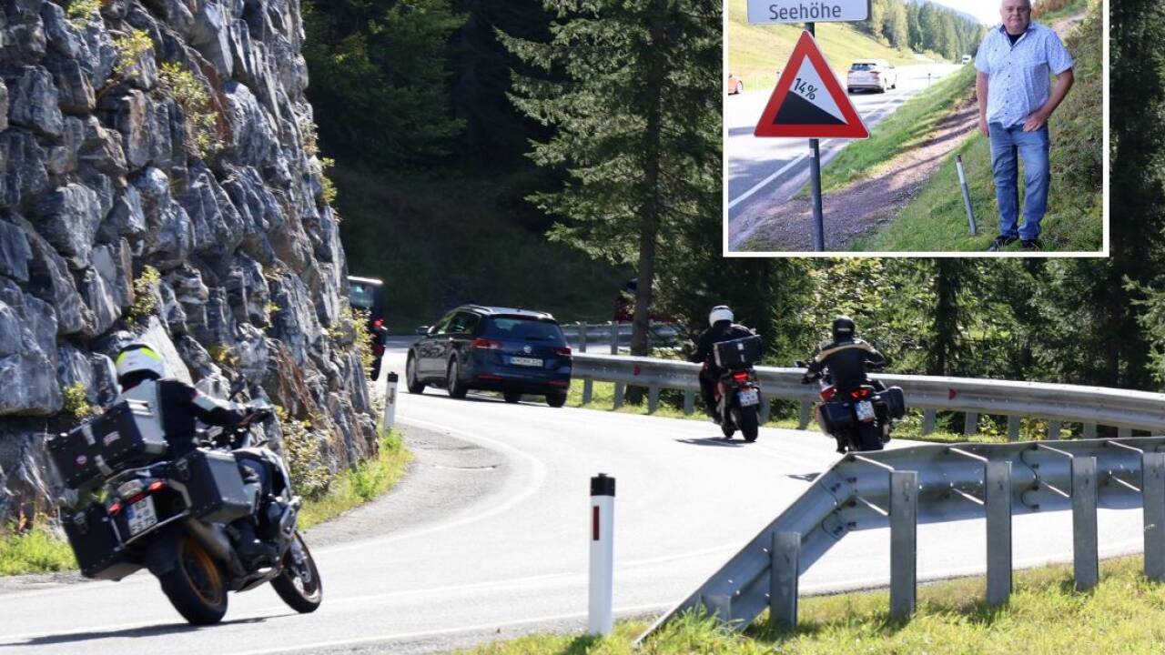 Viel Betrieb auf der B 164 von Hinterthal kommend in Richtung Filzensattel. Im kleinen Bild: Klaus Portenkirchner, Bürgermeister von Dienten und Bezirksfeuerwehrkommandant, bei einem Lokalaugenschein.  