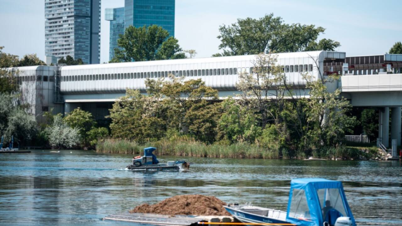 Mähboote auf der Alten Donau errnten Unmengen an Pflanzen 