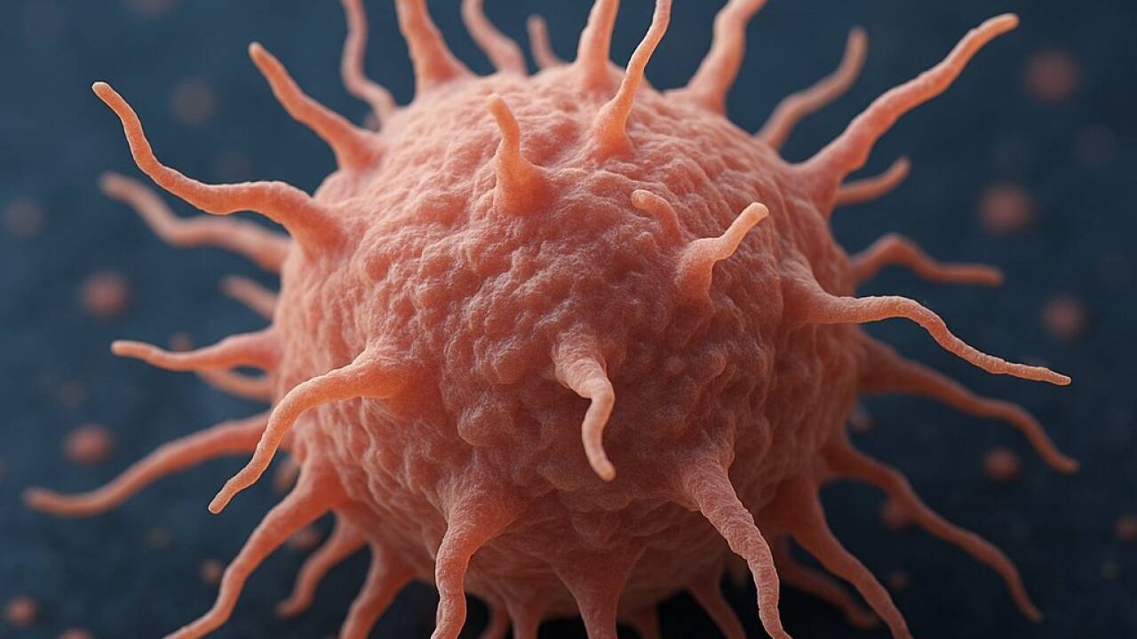 Computervisualisierung einer Makrophage mit seinen charakteristischen „Tentakeln“, die sie zur Wahrnehmung ihrer Umwelt, zur Fortbewegung und zur Bekämpfung von Krankheitserregern einsetzt. 