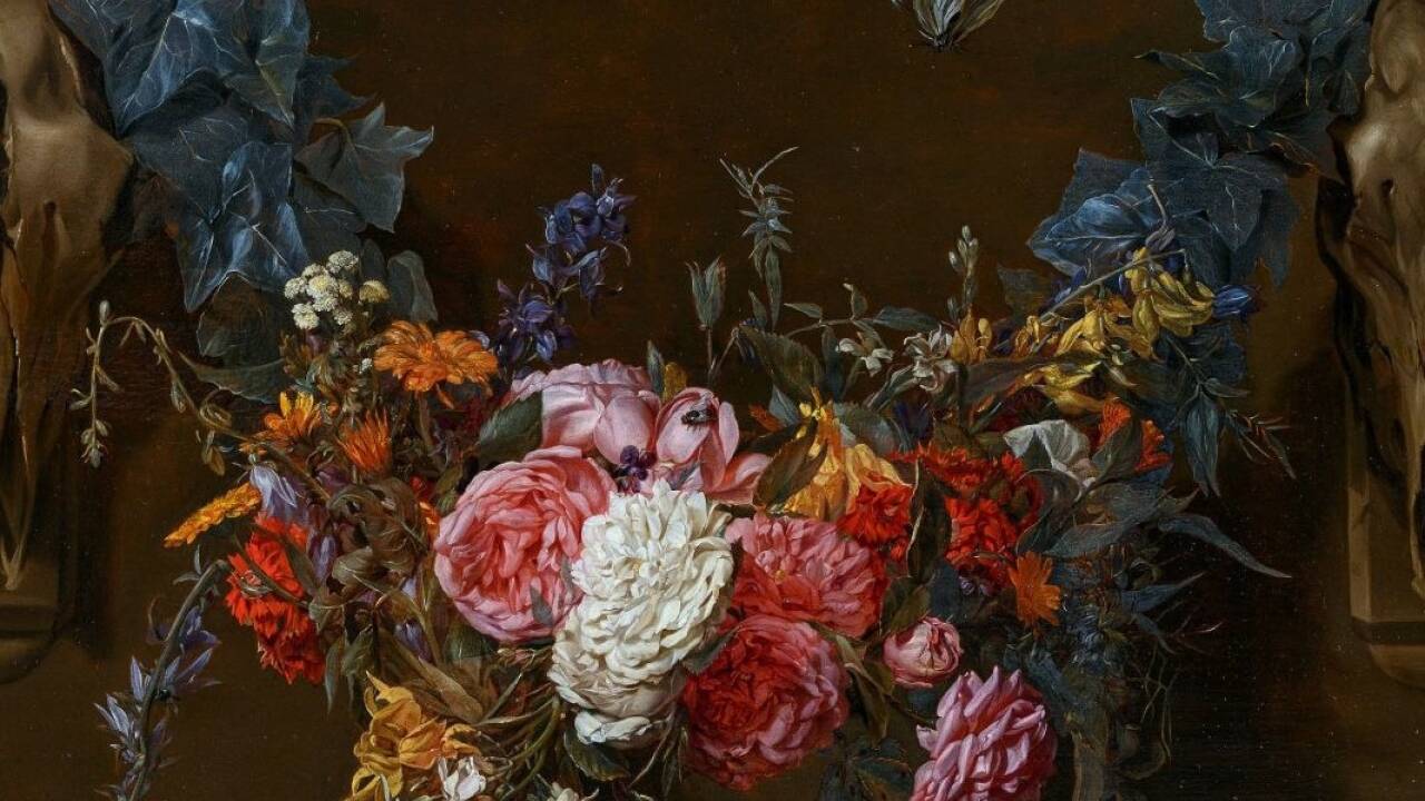 Michaelina Wautier Blumengirlande mit einem Schmetterling, 1652, Öl auf Holz, Het Noordbrabants Museum, ’s-Hertogenbosch<br />(Niederlande), Dauerleihgabe aus Privatsammlung 