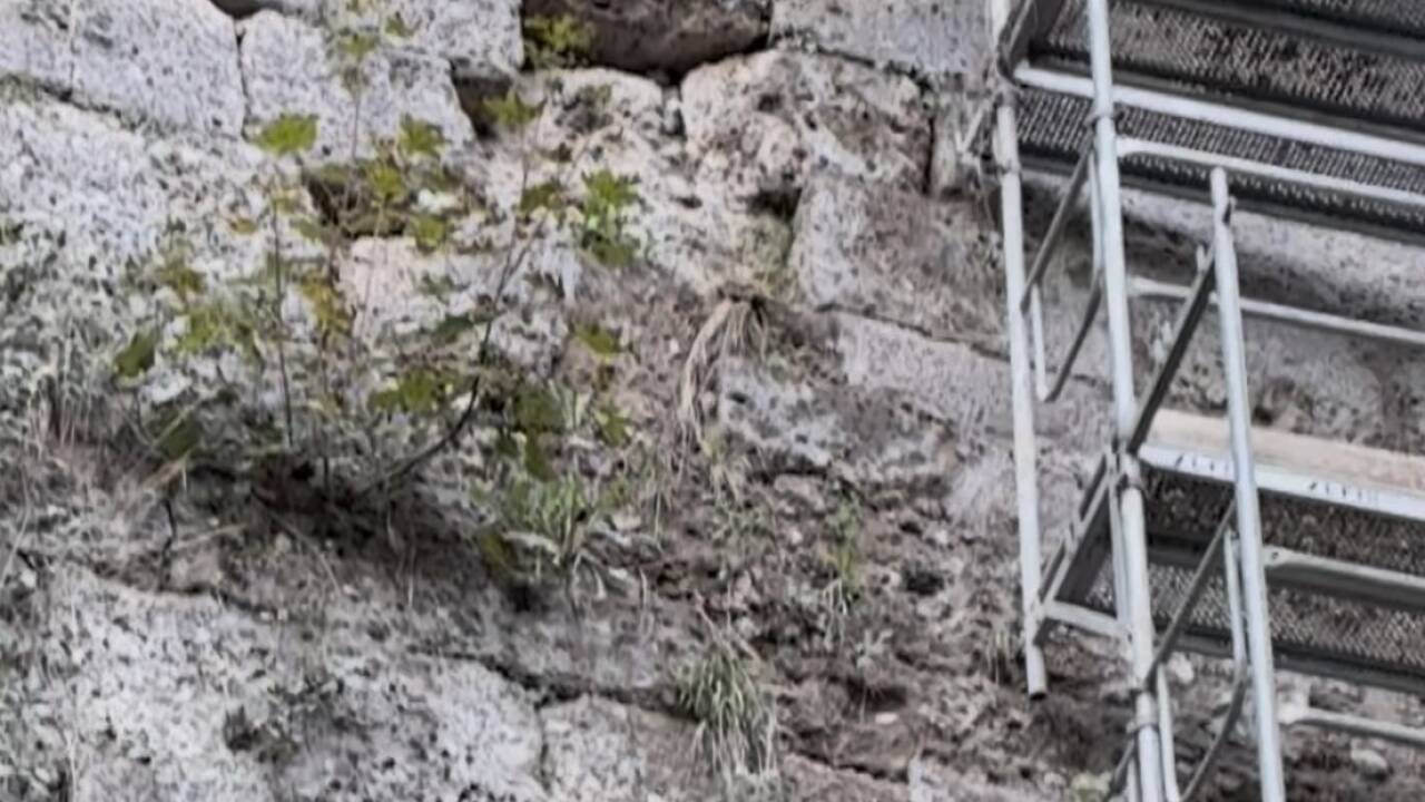 Neben dem Gerüst ist die noch unbearbeitete Mauer zu sehen, hinter dem Gerüst die restaurierte. 